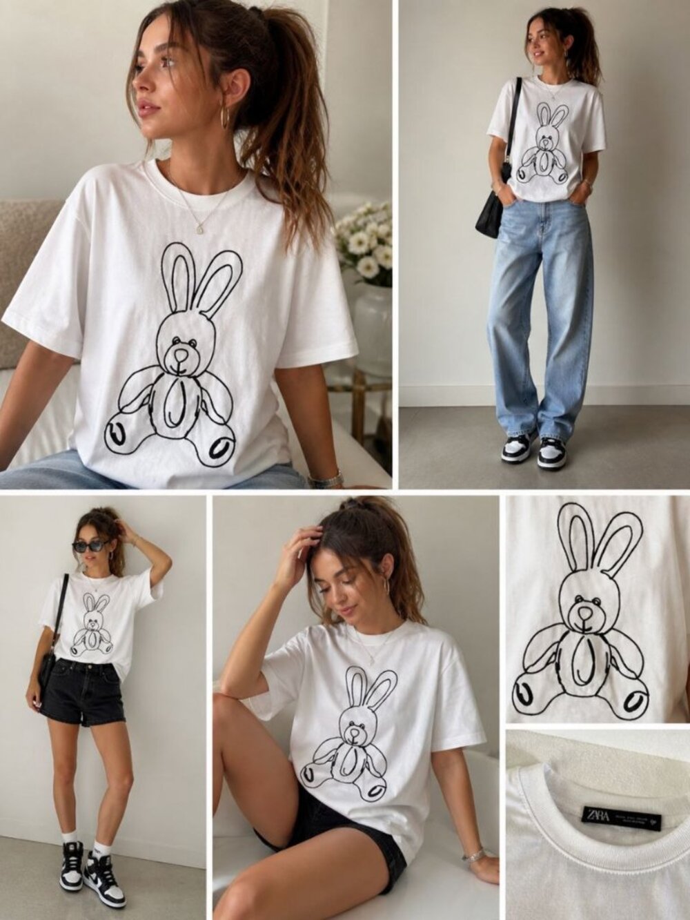 Zara White Graphic Bunny Tee Embroidered Cord Design Cute Aesthetic Size M